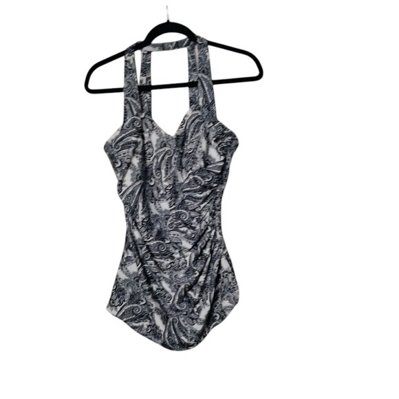 Lands End‎ One Piece Paisley Black White Swimsuit 16 Wireless - Picture 1 of 6